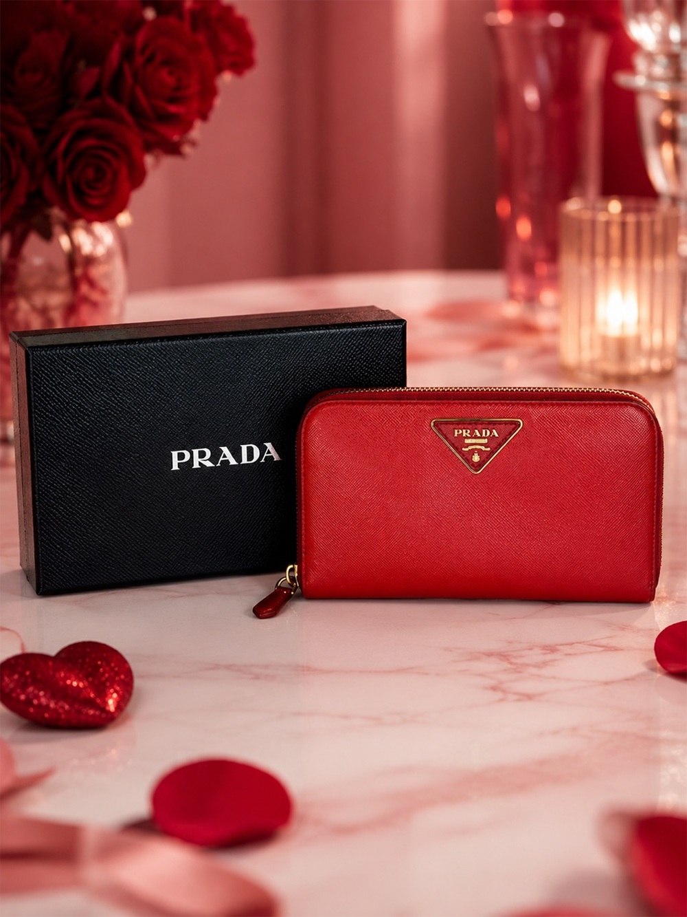 Prada Saffiano Red Zip-Around Long Wallet | w Box